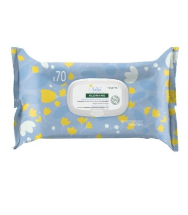 KLORANE TOALLITAS LIMPIADORAS SUAVES BIODEGRADABLE BEBÉS. Pack 70 unidades