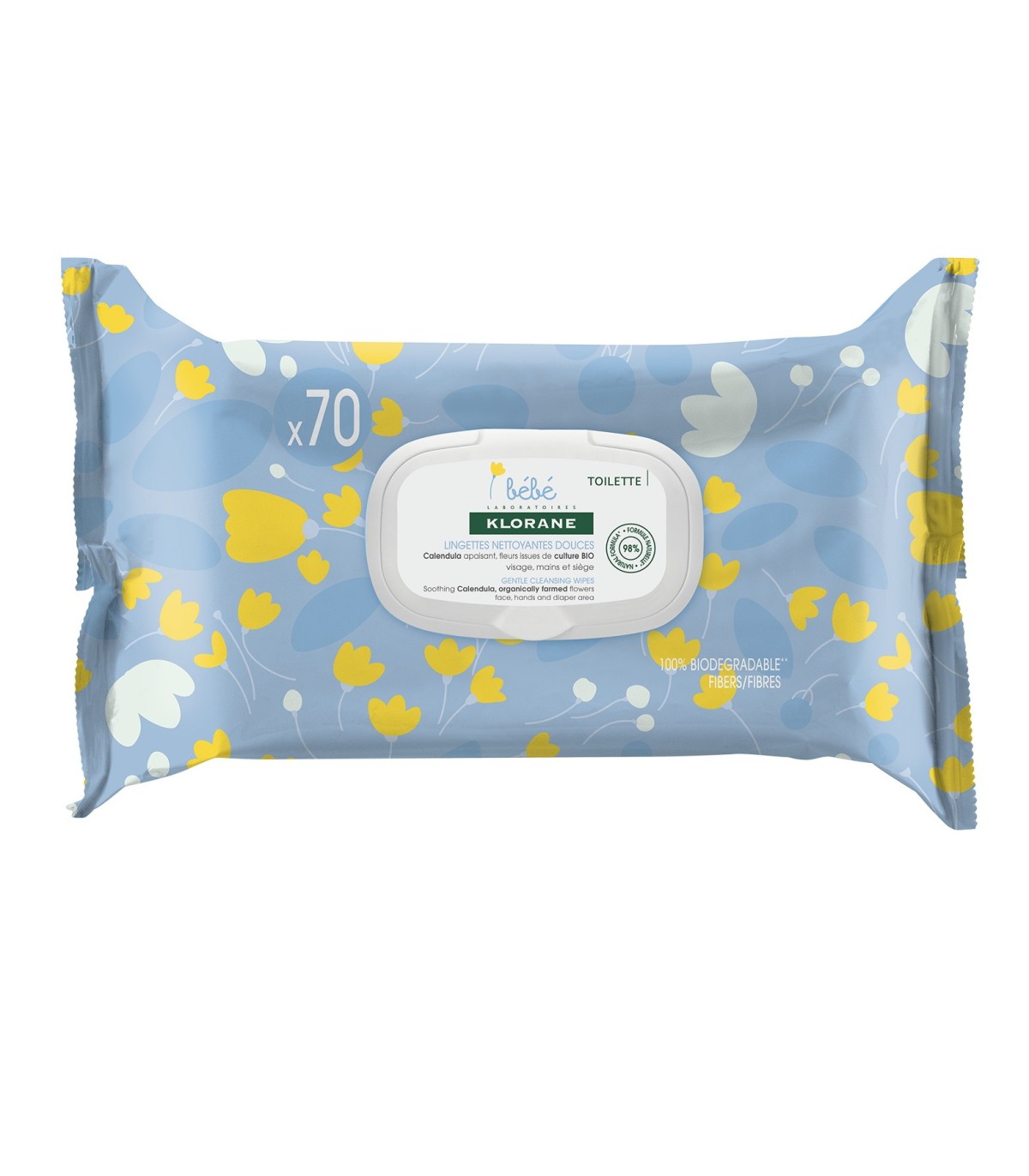 KLORANE TOALLITAS LIMPIADORAS SUAVES BIODEGRADABLE BEBÉS. Pack 70 unidades